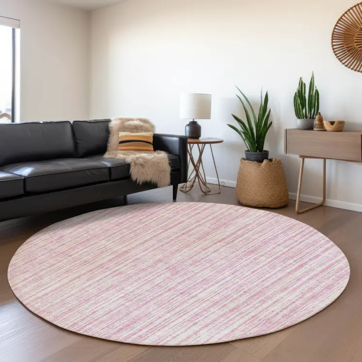 8' Pink And Ivory Round Striped Washable Indoor Outdoor Area Rug