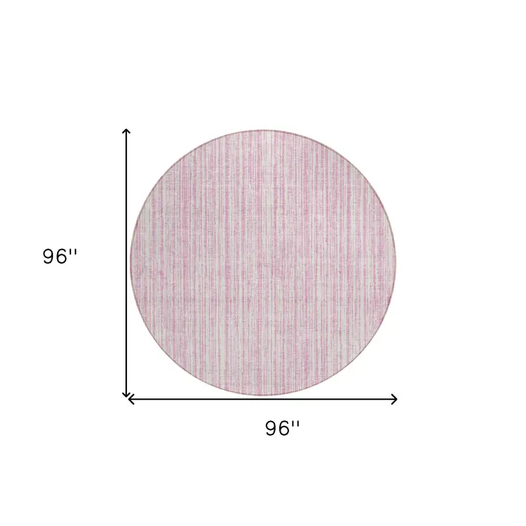 8' Pink And Ivory Round Striped Washable Indoor Outdoor Area Rug