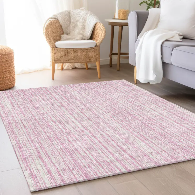 10' X 14' Pink And Ivory Striped Washable Indoor Outdoor Area Rug