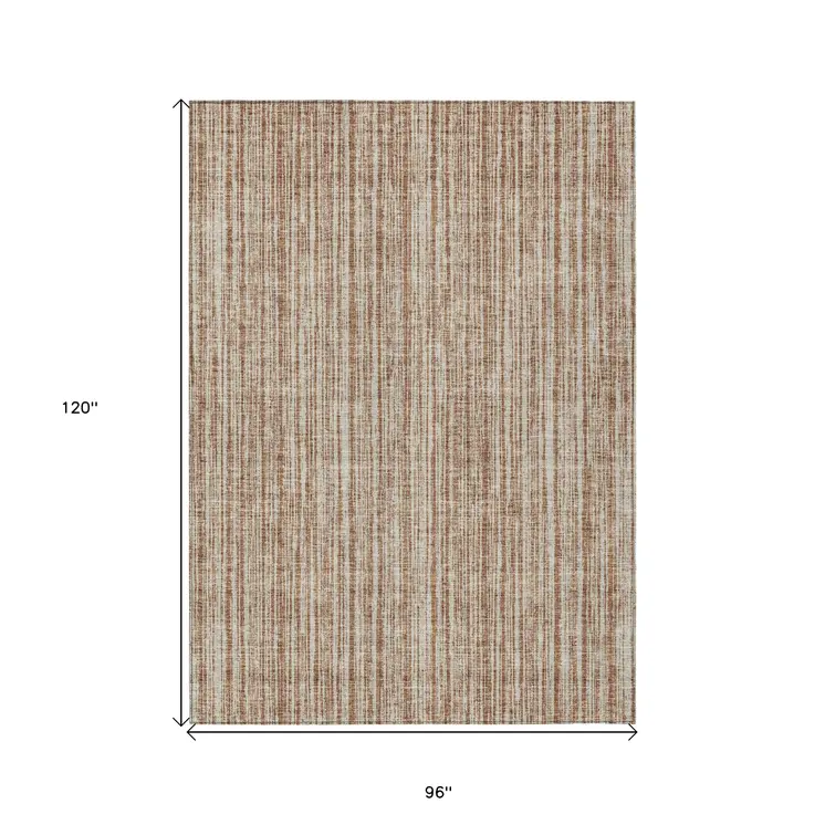8' X 10' Orange And Beige Striped Washable Indoor Outdoor Area Rug