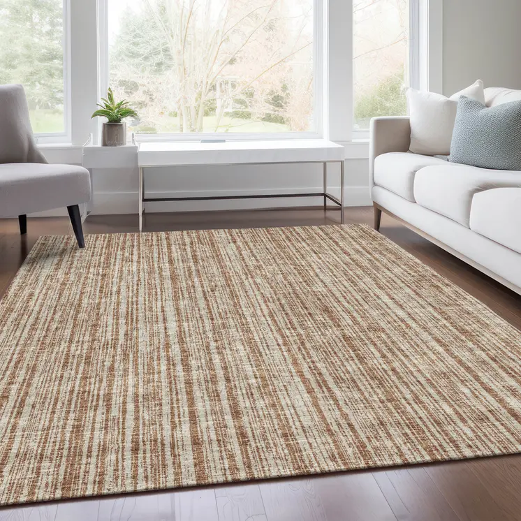 8' X 10' Orange And Beige Striped Washable Indoor Outdoor Area Rug