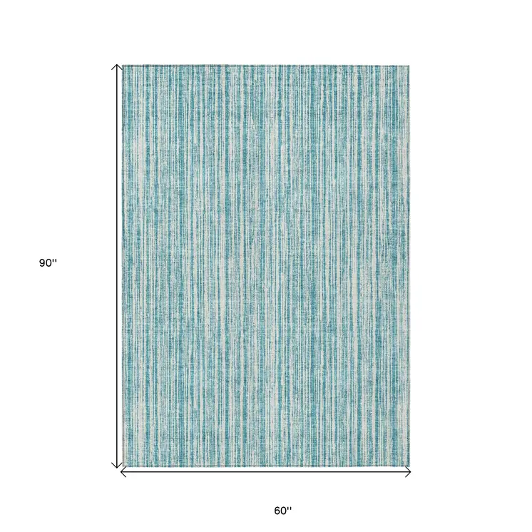 5' X 8' Teal Blue And Ivory Striped Washable Indoor Outdoor Area Rug