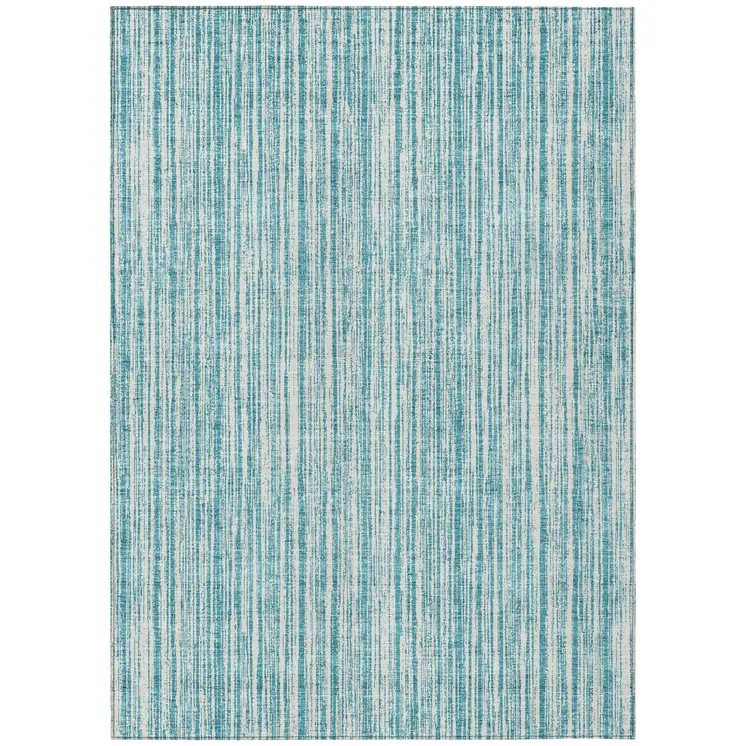 5' X 8' Teal Blue And Ivory Striped Washable Indoor Outdoor Area Rug
