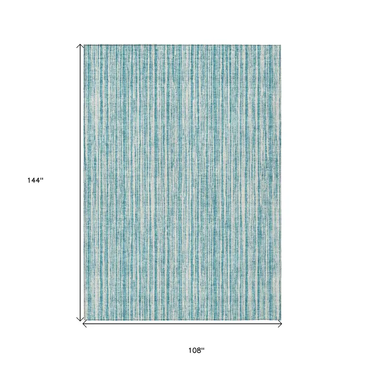 9' X 12' Teal Blue And Ivory Striped Washable Indoor Outdoor Area Rug