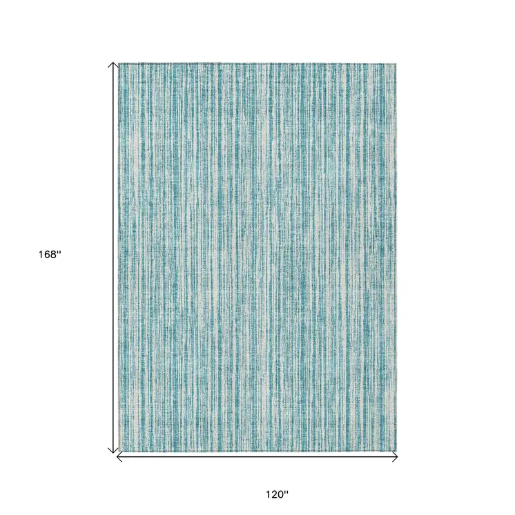 10' X 14' Teal Blue And Ivory Striped Washable Indoor Outdoor Area Rug