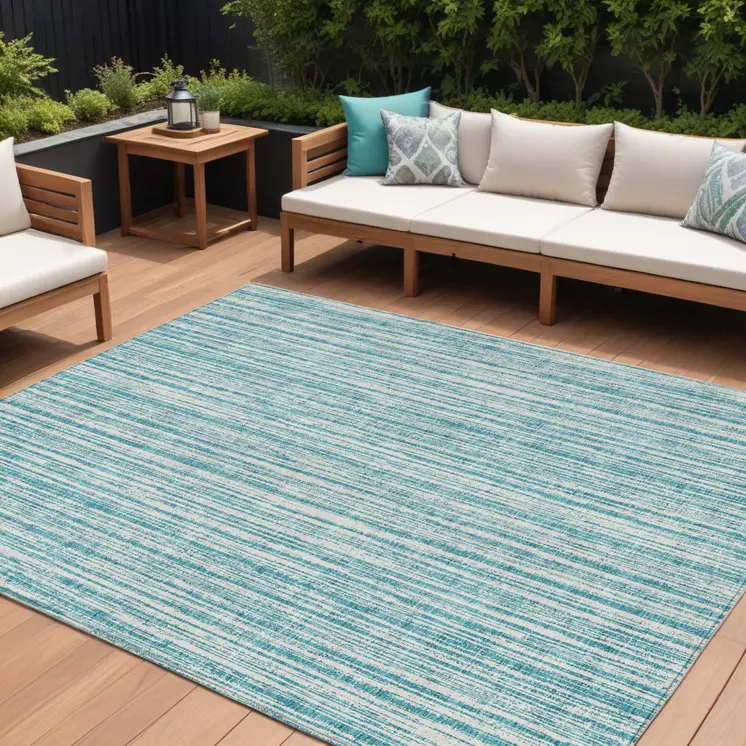 10' X 14' Teal Blue And Ivory Striped Washable Indoor Outdoor Area Rug