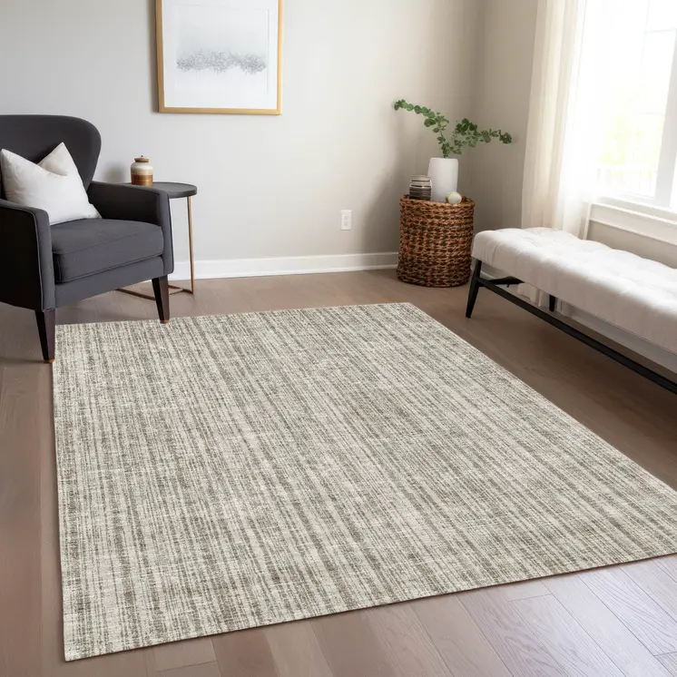 3' X 5' Taupe And Beige Striped Washable Indoor Outdoor Area Rug