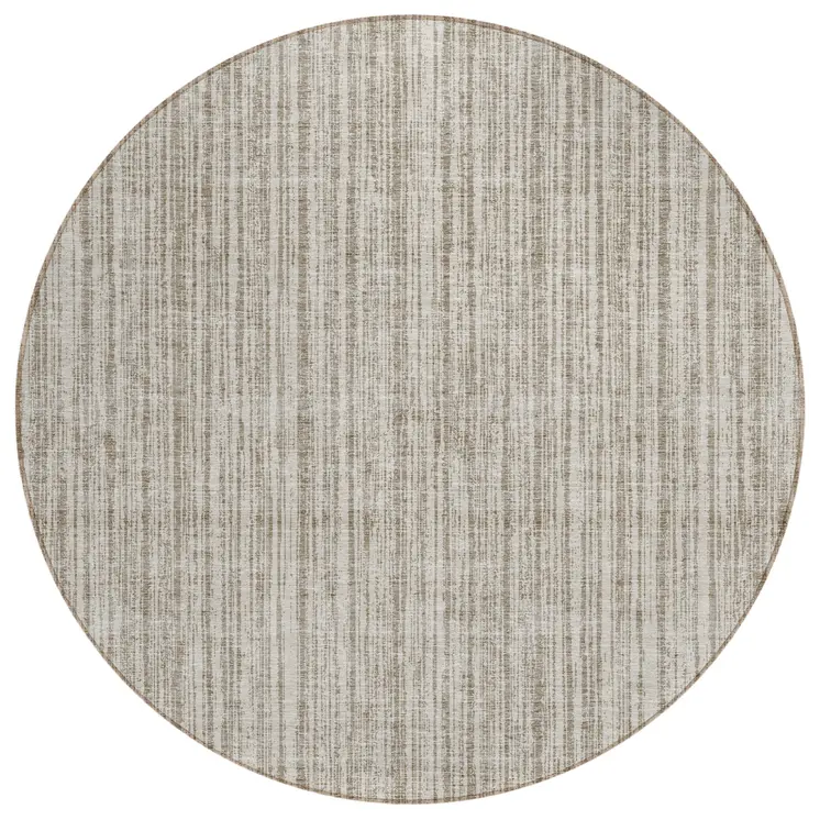 8' Taupe And Beige Round Striped Washable Indoor Outdoor Area Rug