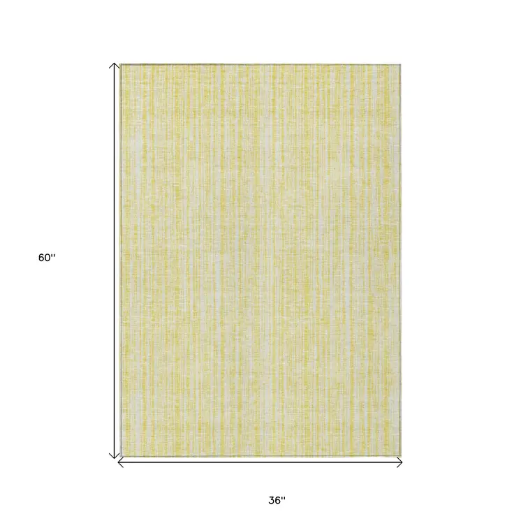 3' X 5' Yellow And Ivory Striped Washable Indoor Outdoor Area Rug