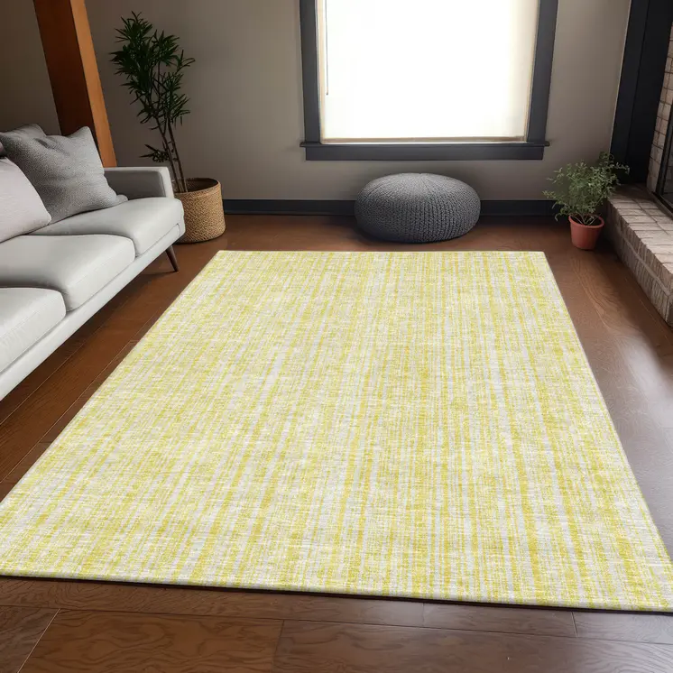 3' X 5' Yellow And Ivory Striped Washable Indoor Outdoor Area Rug