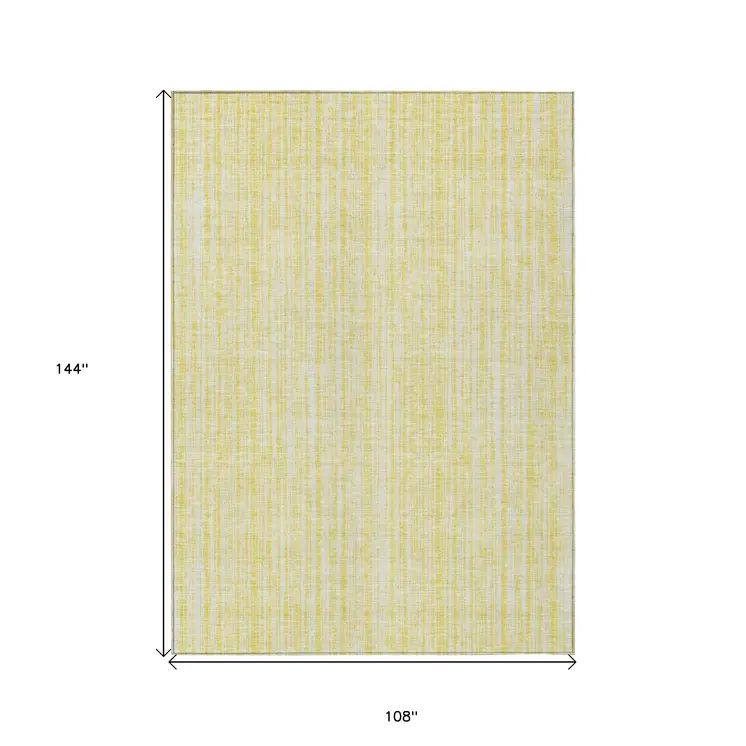 9' X 12' Yellow And Ivory Striped Washable Indoor Outdoor Area Rug