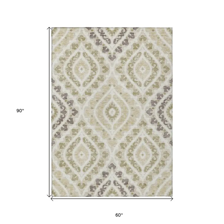 5' X 8' Beige Taupe And Ivory Floral Washable Indoor Outdoor Area Rug