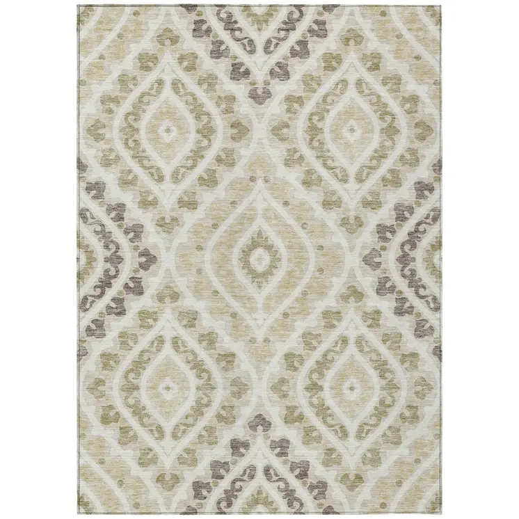 5' X 8' Beige Taupe And Ivory Floral Washable Indoor Outdoor Area Rug