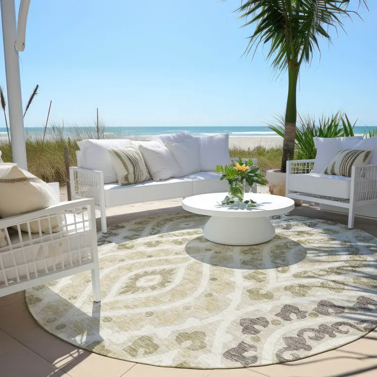 8' Beige Taupe And Ivory Round Floral Washable Indoor Outdoor Area Rug
