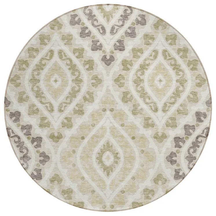 8' Beige Taupe And Ivory Round Floral Washable Indoor Outdoor Area Rug