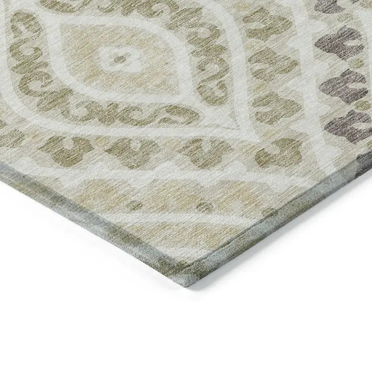 8' Beige Taupe And Ivory Round Floral Washable Indoor Outdoor Area Rug