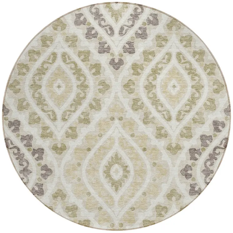 8' Beige Taupe And Ivory Round Floral Washable Indoor Outdoor Area Rug