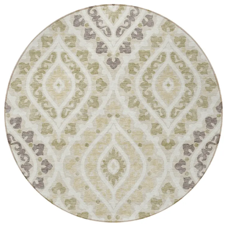 8' Beige Taupe And Ivory Round Floral Washable Indoor Outdoor Area Rug