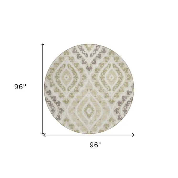 8' Beige Taupe And Ivory Round Floral Washable Indoor Outdoor Area Rug