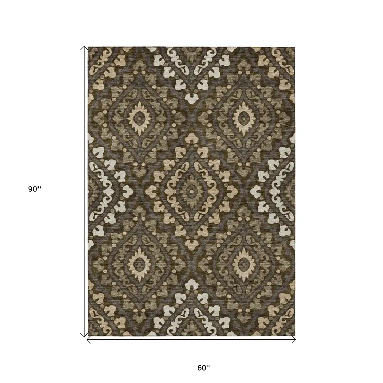 5' X 8' Brown Taupe And Gray Floral Washable Indoor Outdoor Area Rug
