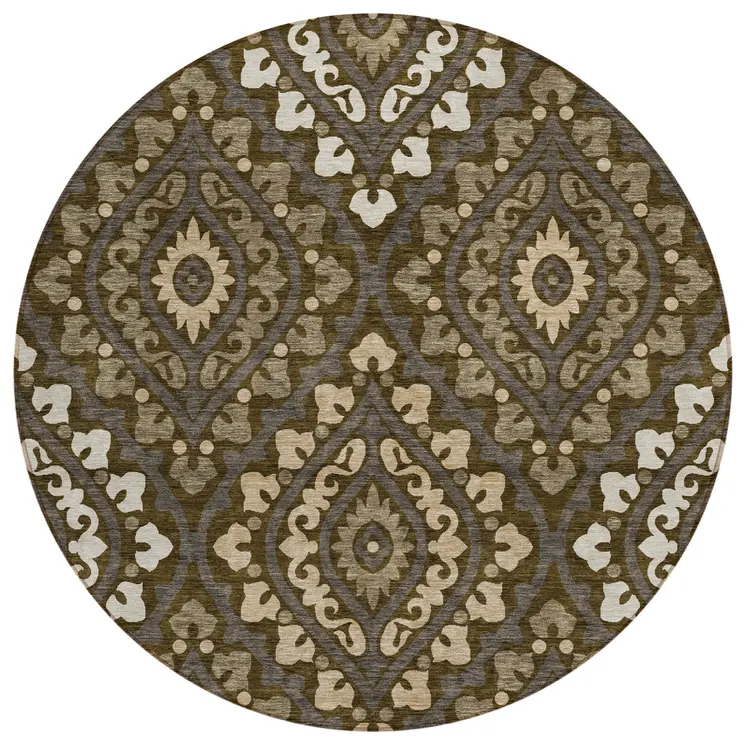 8' Brown Taupe And Gray Round Floral Washable Indoor Outdoor Area Rug