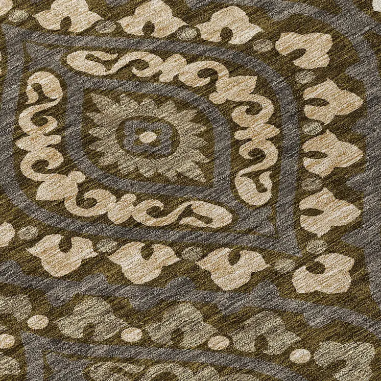 8' Brown Taupe And Gray Round Floral Washable Indoor Outdoor Area Rug