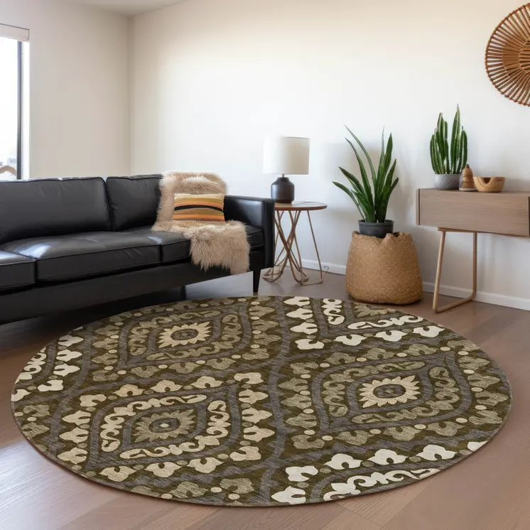 8' Brown Taupe And Gray Round Floral Washable Indoor Outdoor Area Rug