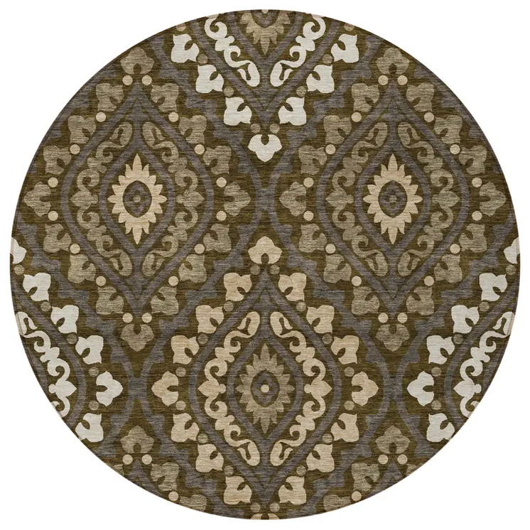 8' Brown Taupe And Gray Round Floral Washable Indoor Outdoor Area Rug