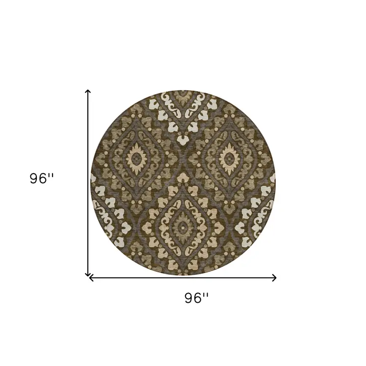8' Brown Taupe And Gray Round Floral Washable Indoor Outdoor Area Rug
