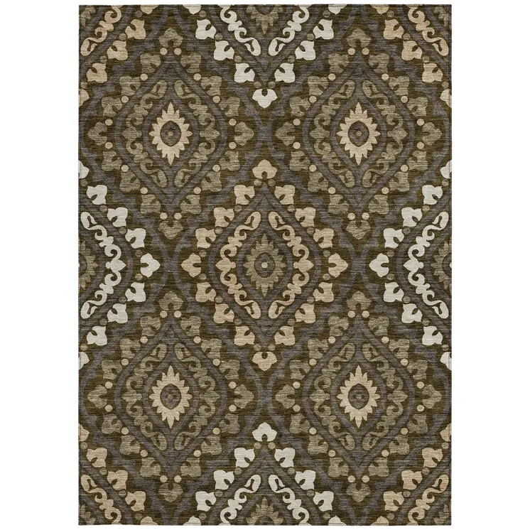 9' X 12' Brown Taupe And Gray Floral Washable Indoor Outdoor Area Rug