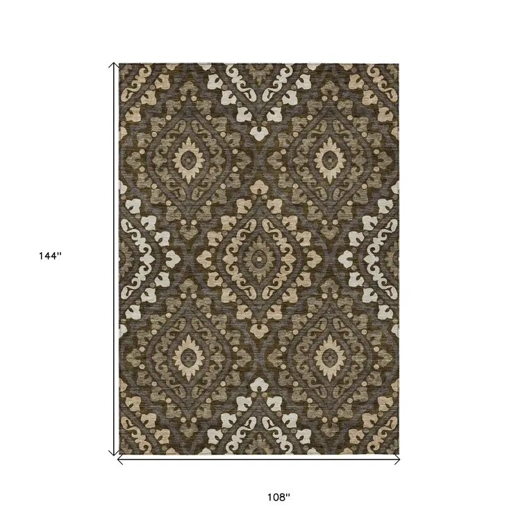 9' X 12' Brown Taupe And Gray Floral Washable Indoor Outdoor Area Rug