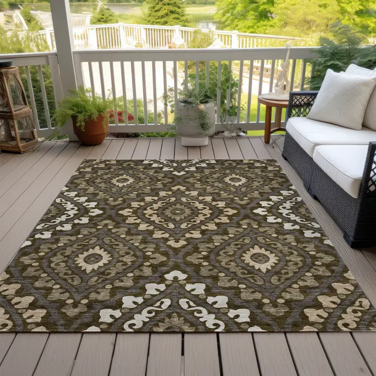 9' X 12' Brown Taupe And Gray Floral Washable Indoor Outdoor Area Rug