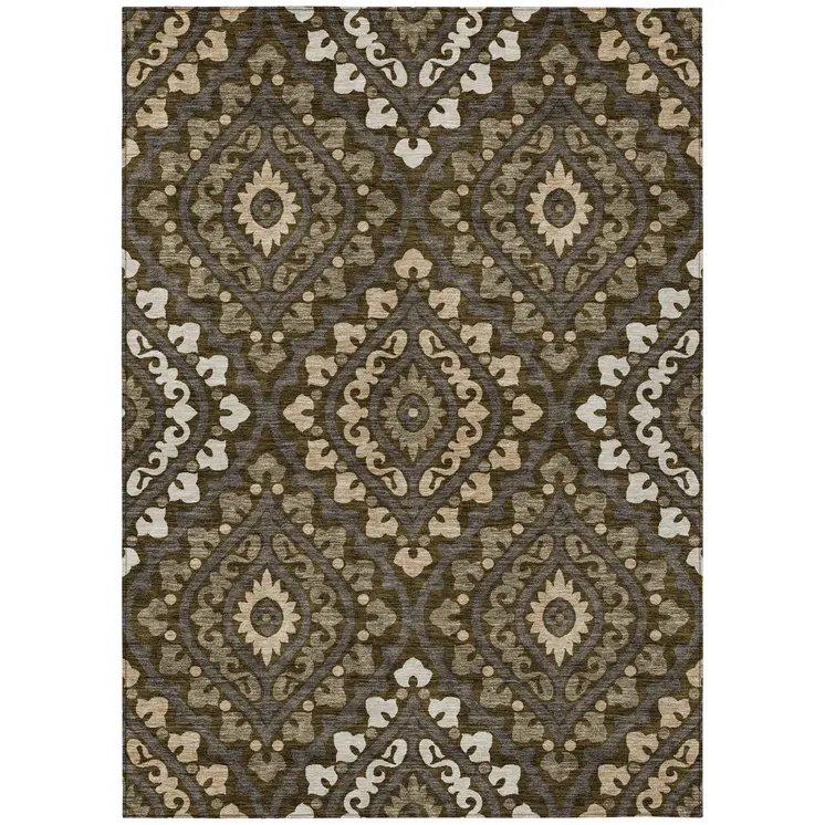 9' X 12' Brown Taupe And Gray Floral Washable Indoor Outdoor Area Rug