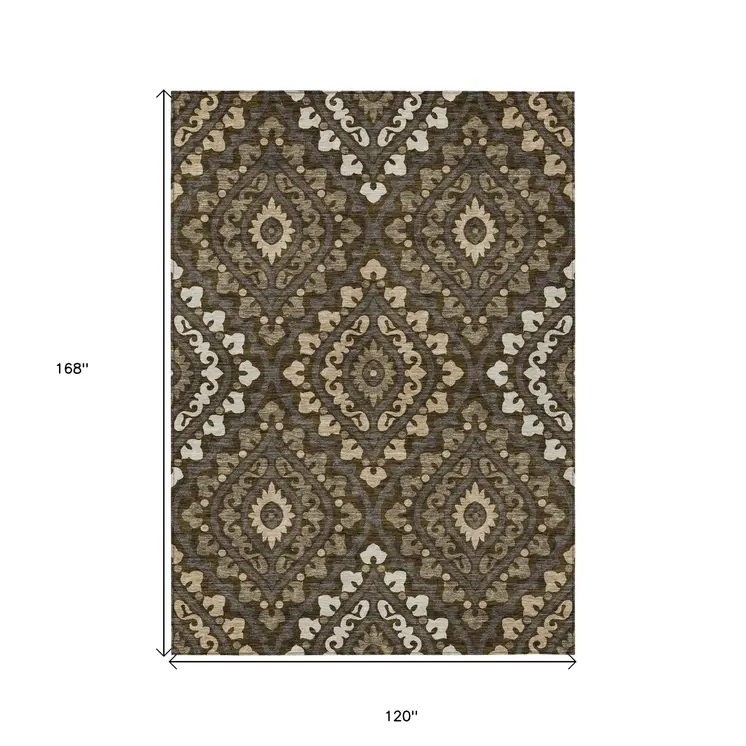10' X 14' Brown Taupe And Gray Floral Washable Indoor Outdoor Area Rug