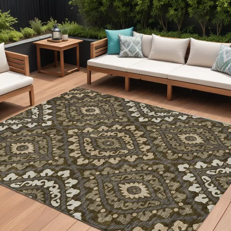 10' X 14' Brown Taupe And Gray Floral Washable Indoor Outdoor Area Rug