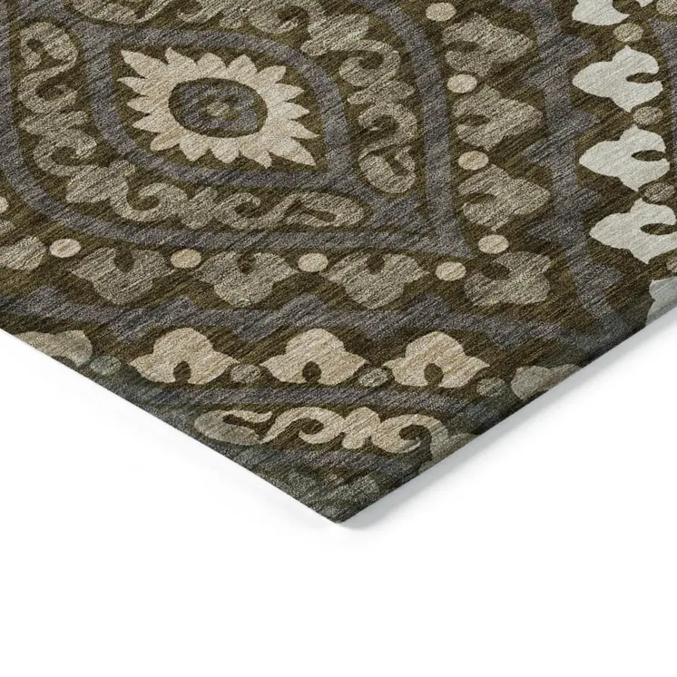10' X 14' Brown Taupe And Gray Floral Washable Indoor Outdoor Area Rug