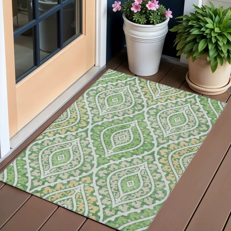 3' X 5' Green Beige And Ivory Floral Washable Indoor Outdoor Area Rug