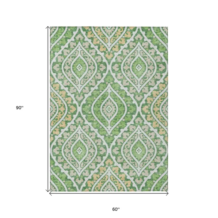5' X 8' Green Beige And Ivory Floral Washable Indoor Outdoor Area Rug