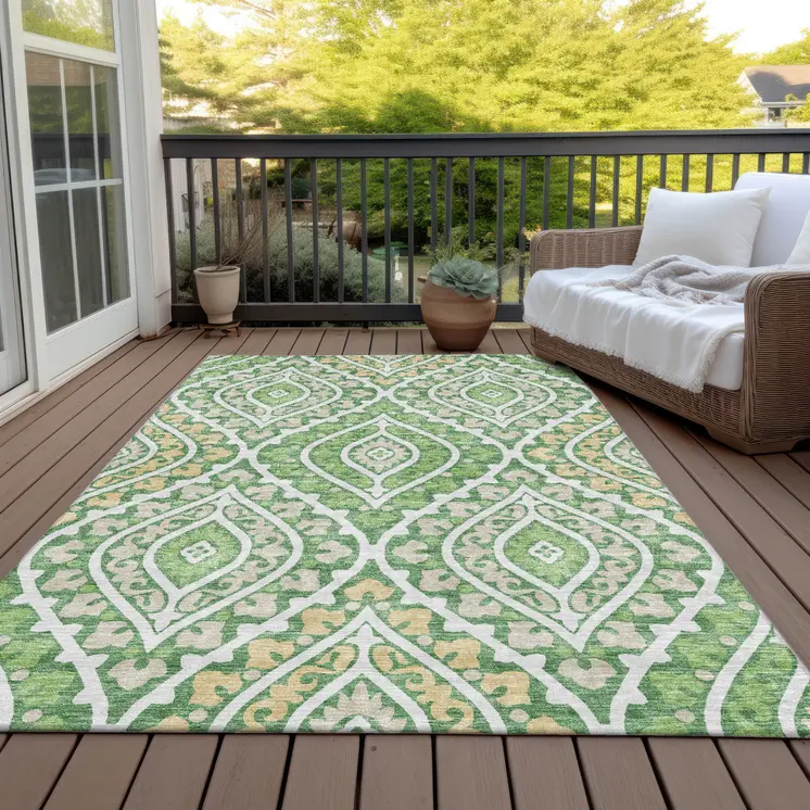 5' X 8' Green Beige And Ivory Floral Washable Indoor Outdoor Area Rug