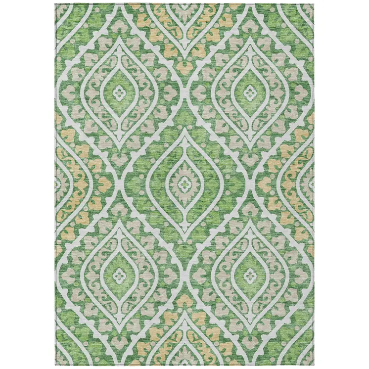 5' X 8' Green Beige And Ivory Floral Washable Indoor Outdoor Area Rug