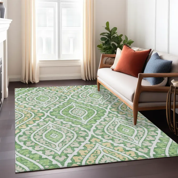 5' X 8' Green Beige And Ivory Floral Washable Indoor Outdoor Area Rug