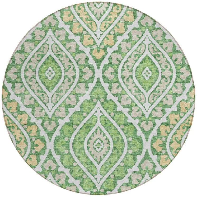 8' Green Beige And Ivory Round Floral Washable Indoor Outdoor Area Rug