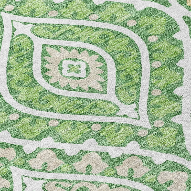 8' Green Beige And Ivory Round Floral Washable Indoor Outdoor Area Rug