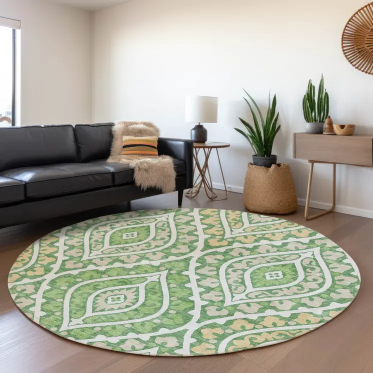 8' Green Beige And Ivory Round Floral Washable Indoor Outdoor Area Rug