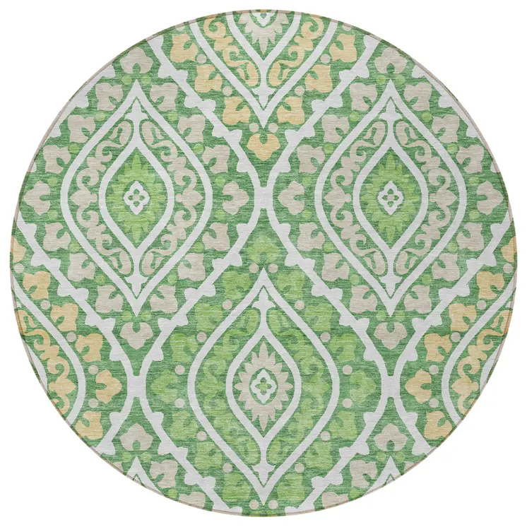8' Green Beige And Ivory Round Floral Washable Indoor Outdoor Area Rug