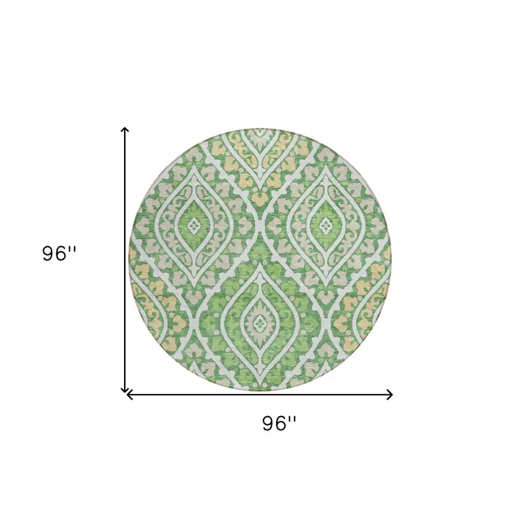 8' Green Beige And Ivory Round Floral Washable Indoor Outdoor Area Rug