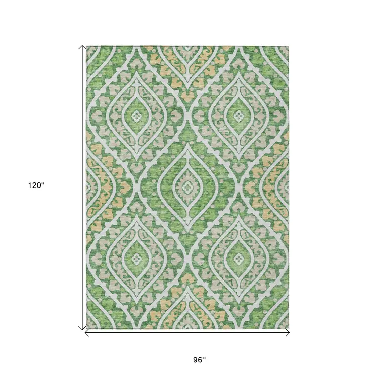 8' X 10' Green Beige And Ivory Floral Washable Indoor Outdoor Area Rug