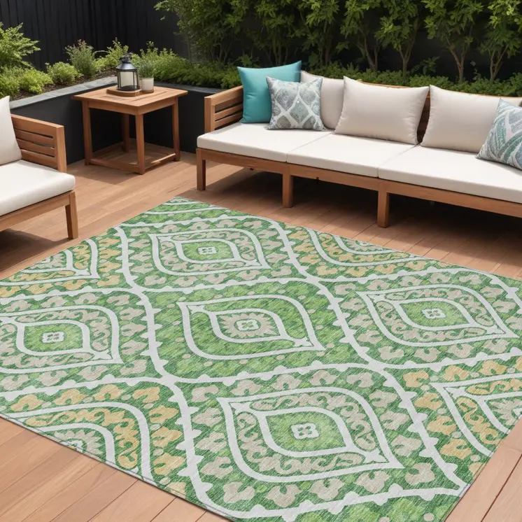 8' X 10' Green Beige And Ivory Floral Washable Indoor Outdoor Area Rug