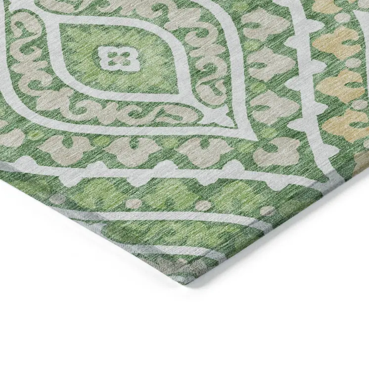 8' X 10' Green Beige And Ivory Floral Washable Indoor Outdoor Area Rug