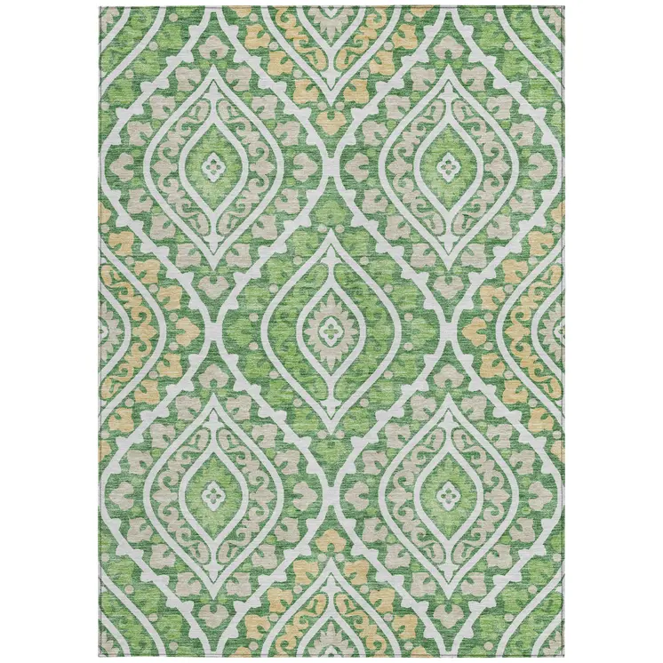 10' X 14' Green Beige And Ivory Floral Washable Indoor Outdoor Area Rug